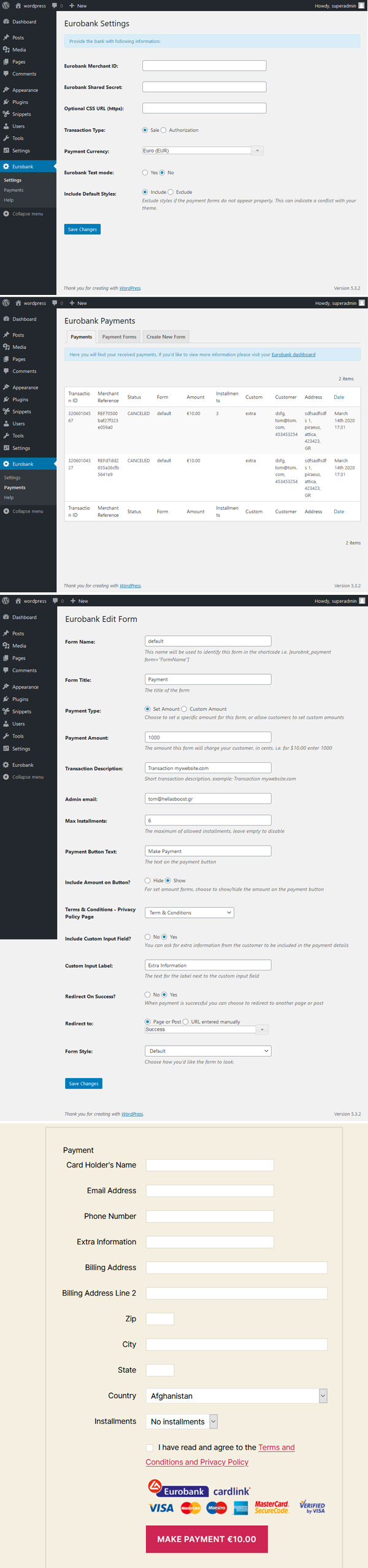 Screenshots WordPress Eurobank